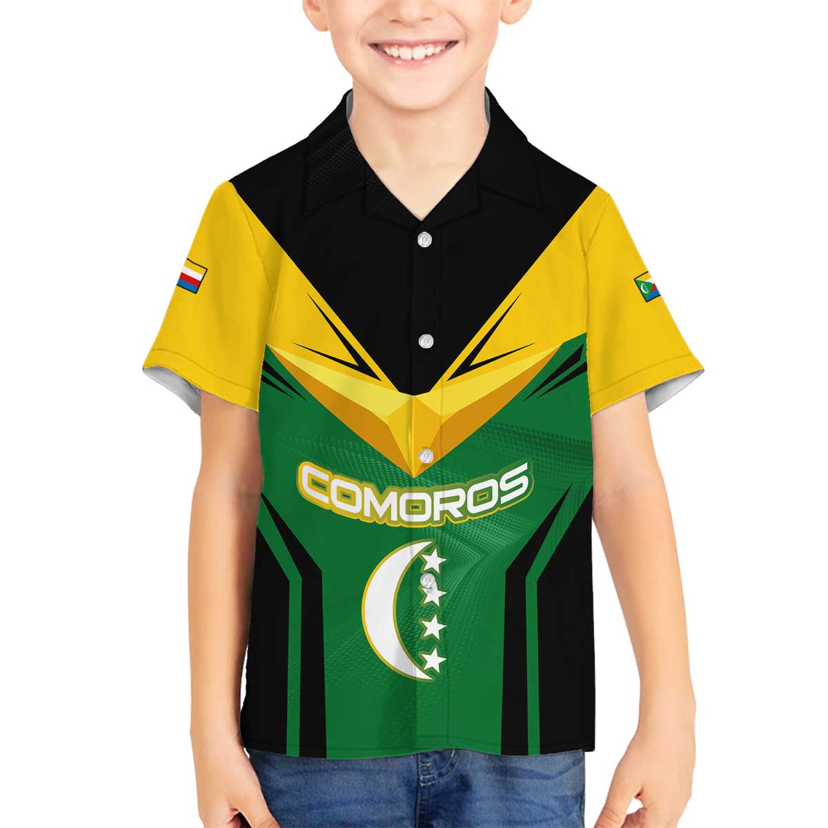 Comoros Family Matching Off The Shoulder Long Sleeve Dress and Hawaiian Shirt with National Colors Green Yellow Black Crescent Moon and Stars Emblem
