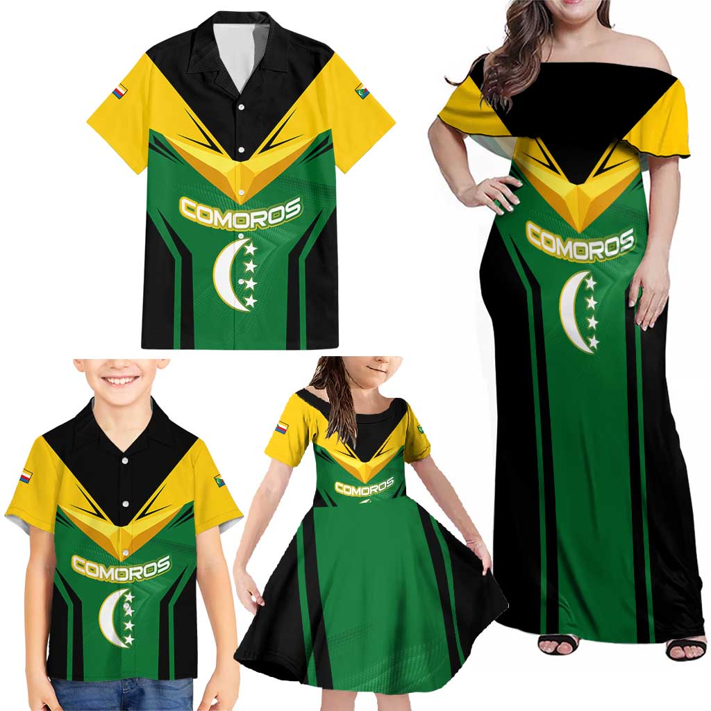 Comoros Family Matching Off Shoulder Maxi Dress and Hawaiian Shirt with National Colors Green Yellow Black Crescent Moon and Stars Emblem