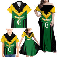 Comoros Family Matching Off Shoulder Maxi Dress and Hawaiian Shirt with National Colors Green Yellow Black Crescent Moon and Stars Emblem