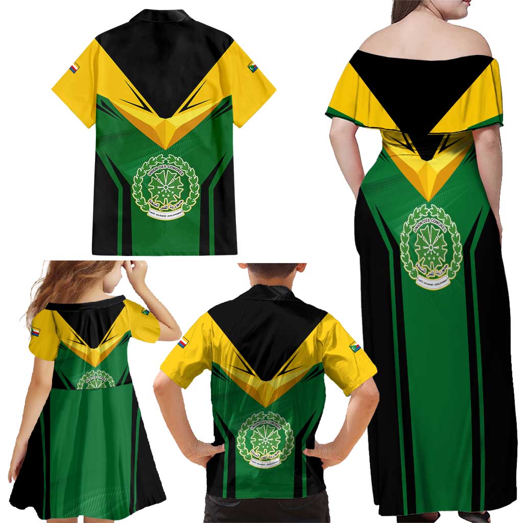 Comoros Family Matching Off Shoulder Maxi Dress and Hawaiian Shirt with National Colors Green Yellow Black Crescent Moon and Stars Emblem