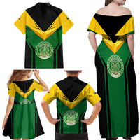 Comoros Family Matching Off Shoulder Maxi Dress and Hawaiian Shirt with National Colors Green Yellow Black Crescent Moon and Stars Emblem