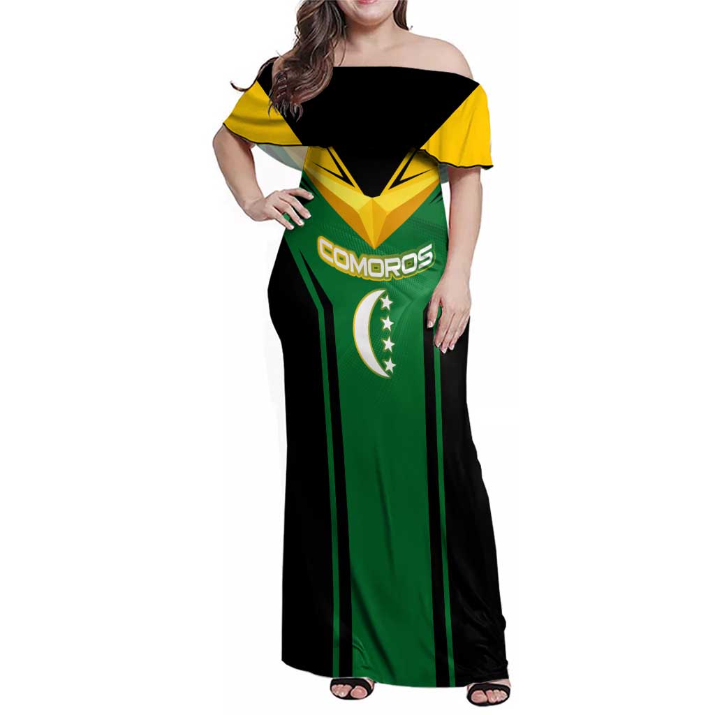 Comoros Family Matching Off Shoulder Maxi Dress and Hawaiian Shirt with National Colors Green Yellow Black Crescent Moon and Stars Emblem