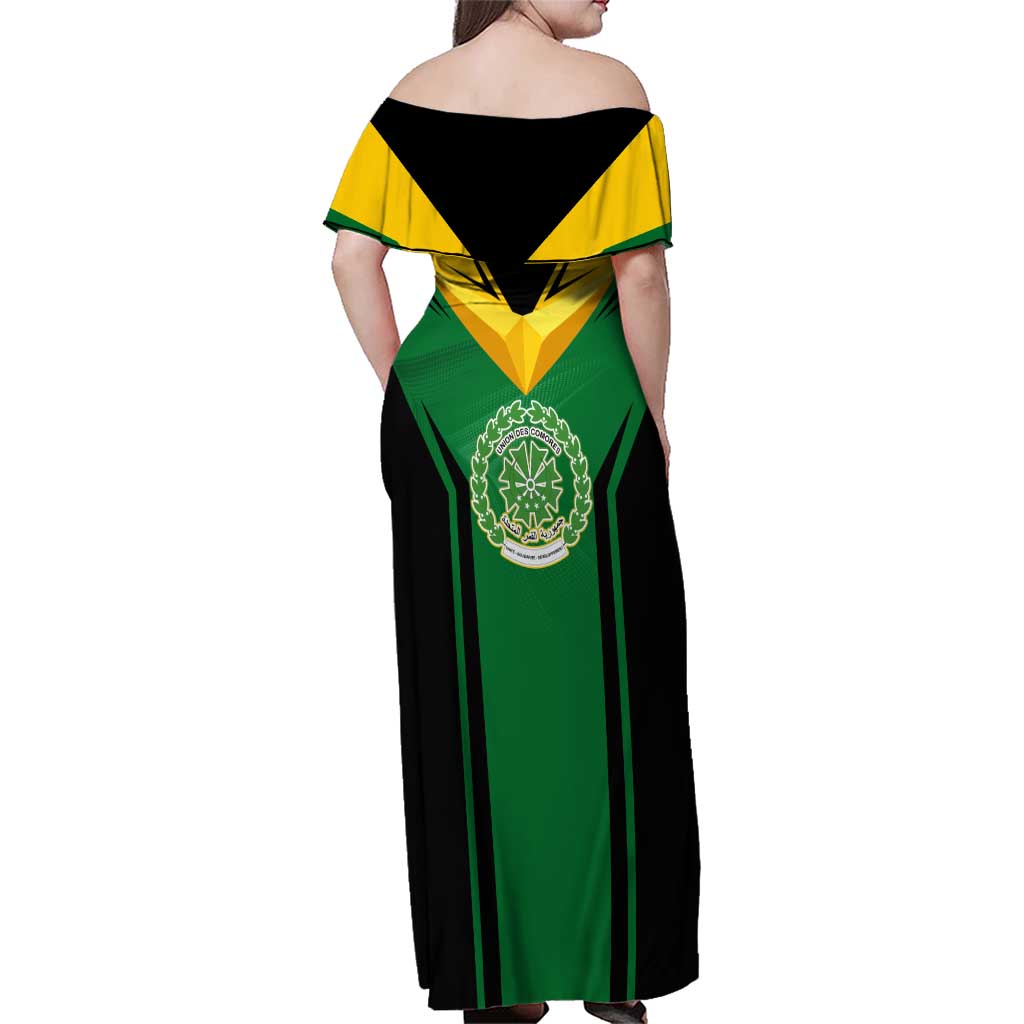 Comoros Family Matching Off Shoulder Maxi Dress and Hawaiian Shirt with National Colors Green Yellow Black Crescent Moon and Stars Emblem