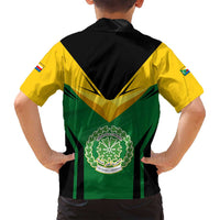 Comoros Family Matching Off Shoulder Short Dress and Hawaiian Shirt with National Colors Green Yellow Black Crescent Moon and Stars Emblem