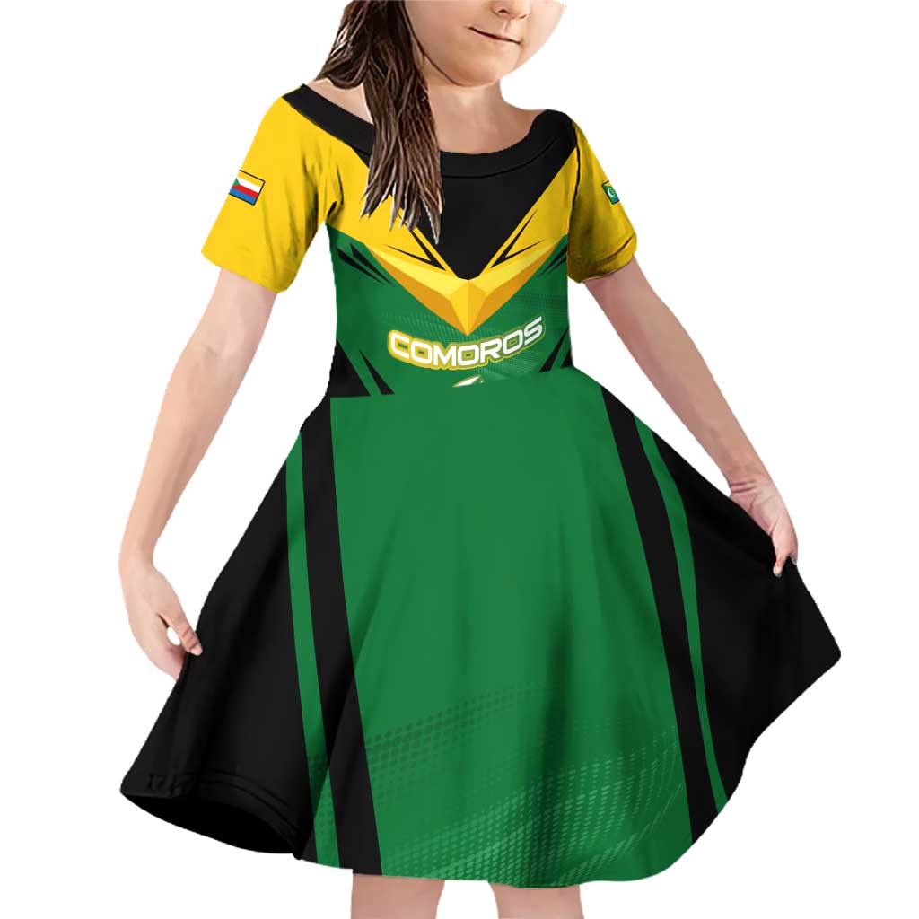 Comoros Family Matching Off Shoulder Short Dress and Hawaiian Shirt with National Colors Green Yellow Black Crescent Moon and Stars Emblem