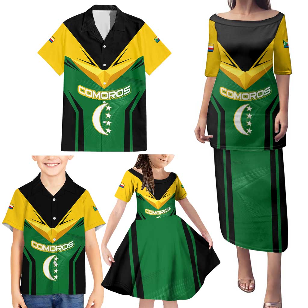 Comoros Family Matching Puletasi and Hawaiian Shirt with National Colors Green Yellow Black Crescent Moon and Stars Emblem