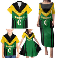 Comoros Family Matching Puletasi and Hawaiian Shirt with National Colors Green Yellow Black Crescent Moon and Stars Emblem