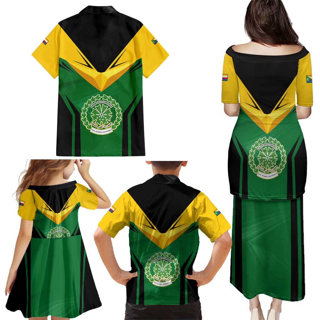 Comoros Family Matching Puletasi and Hawaiian Shirt with National Colors Green Yellow Black Crescent Moon and Stars Emblem