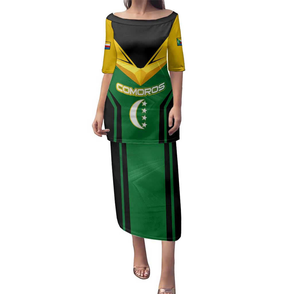 Comoros Family Matching Puletasi and Hawaiian Shirt with National Colors Green Yellow Black Crescent Moon and Stars Emblem