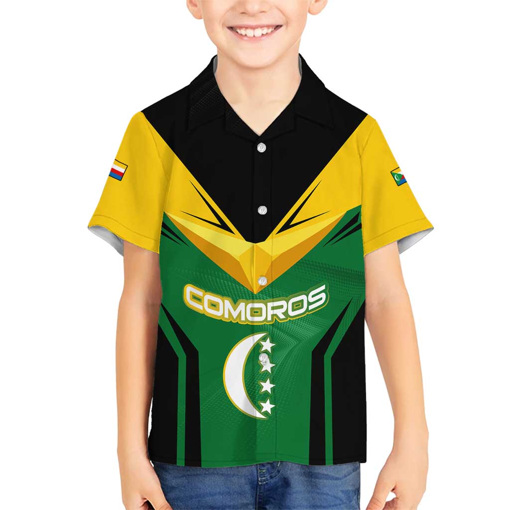 Comoros Family Matching Puletasi and Hawaiian Shirt with National Colors Green Yellow Black Crescent Moon and Stars Emblem