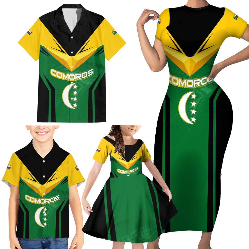 Comoros Family Matching Short Sleeve Bodycon Dress and Hawaiian Shirt with National Colors Green Yellow Black Crescent Moon and Stars Emblem