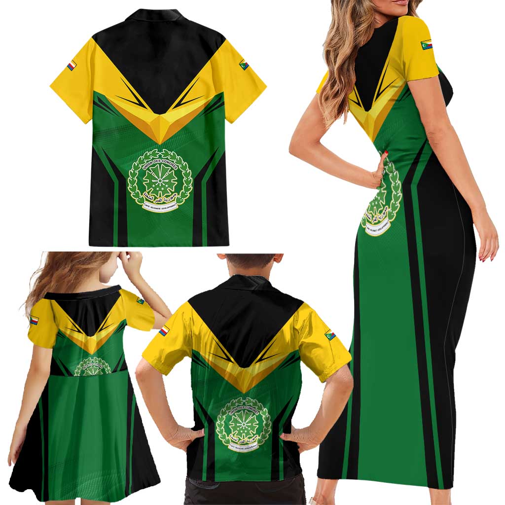 Comoros Family Matching Short Sleeve Bodycon Dress and Hawaiian Shirt with National Colors Green Yellow Black Crescent Moon and Stars Emblem