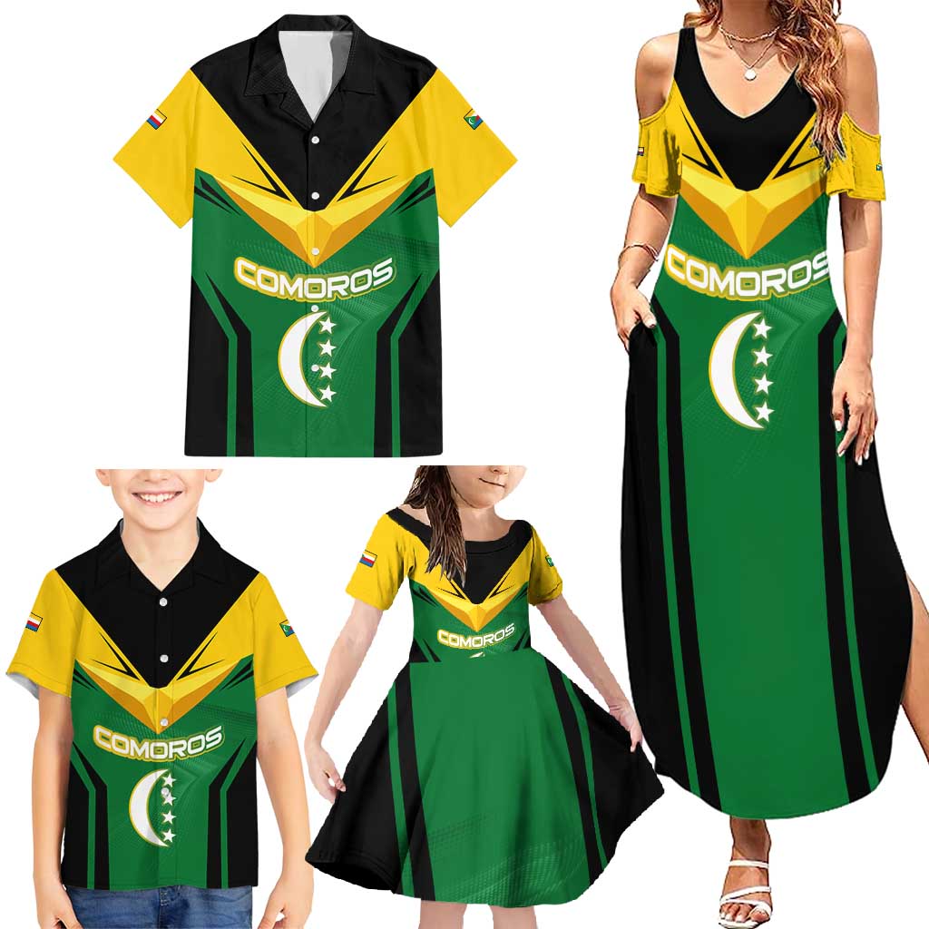 Comoros Family Matching Summer Maxi Dress and Hawaiian Shirt with National Colors Green Yellow Black Crescent Moon and Stars Emblem