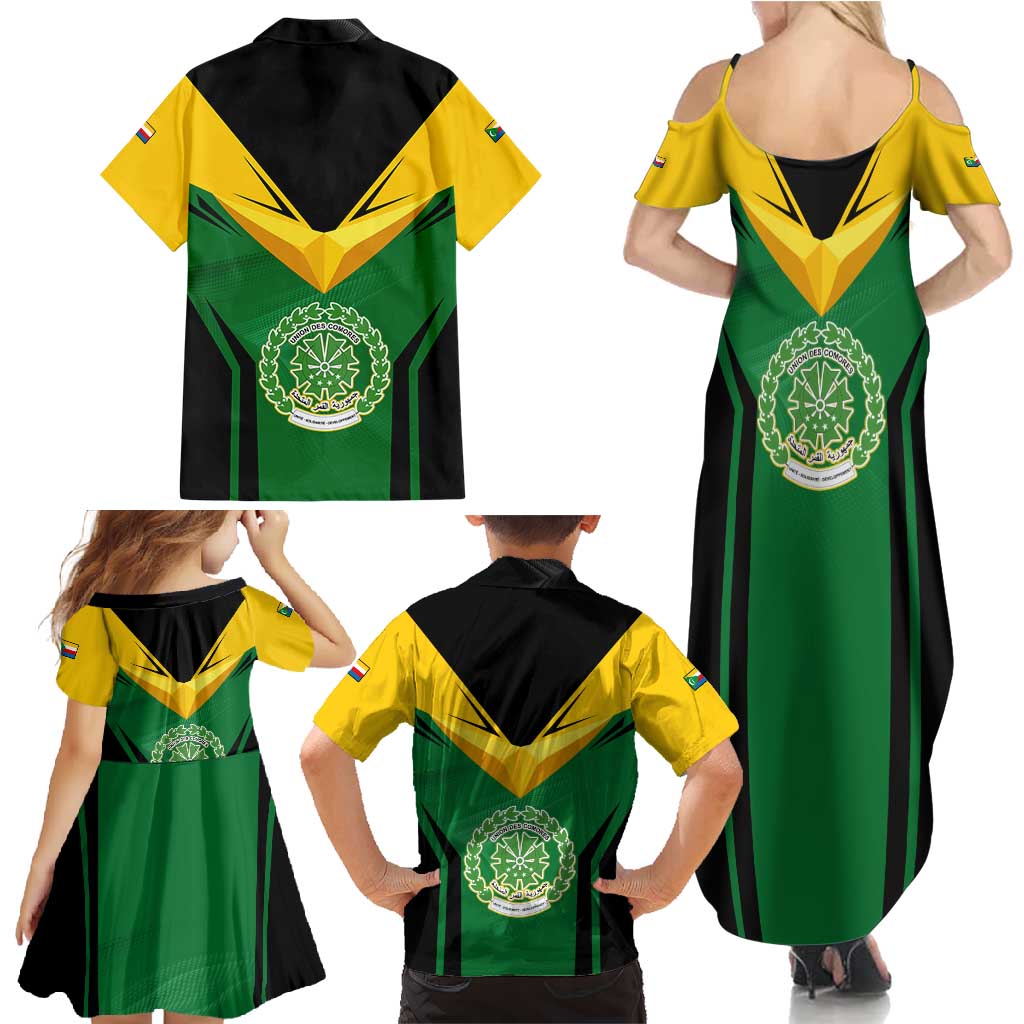 Comoros Family Matching Summer Maxi Dress and Hawaiian Shirt with National Colors Green Yellow Black Crescent Moon and Stars Emblem