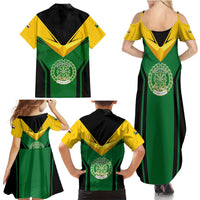 Comoros Family Matching Summer Maxi Dress and Hawaiian Shirt with National Colors Green Yellow Black Crescent Moon and Stars Emblem