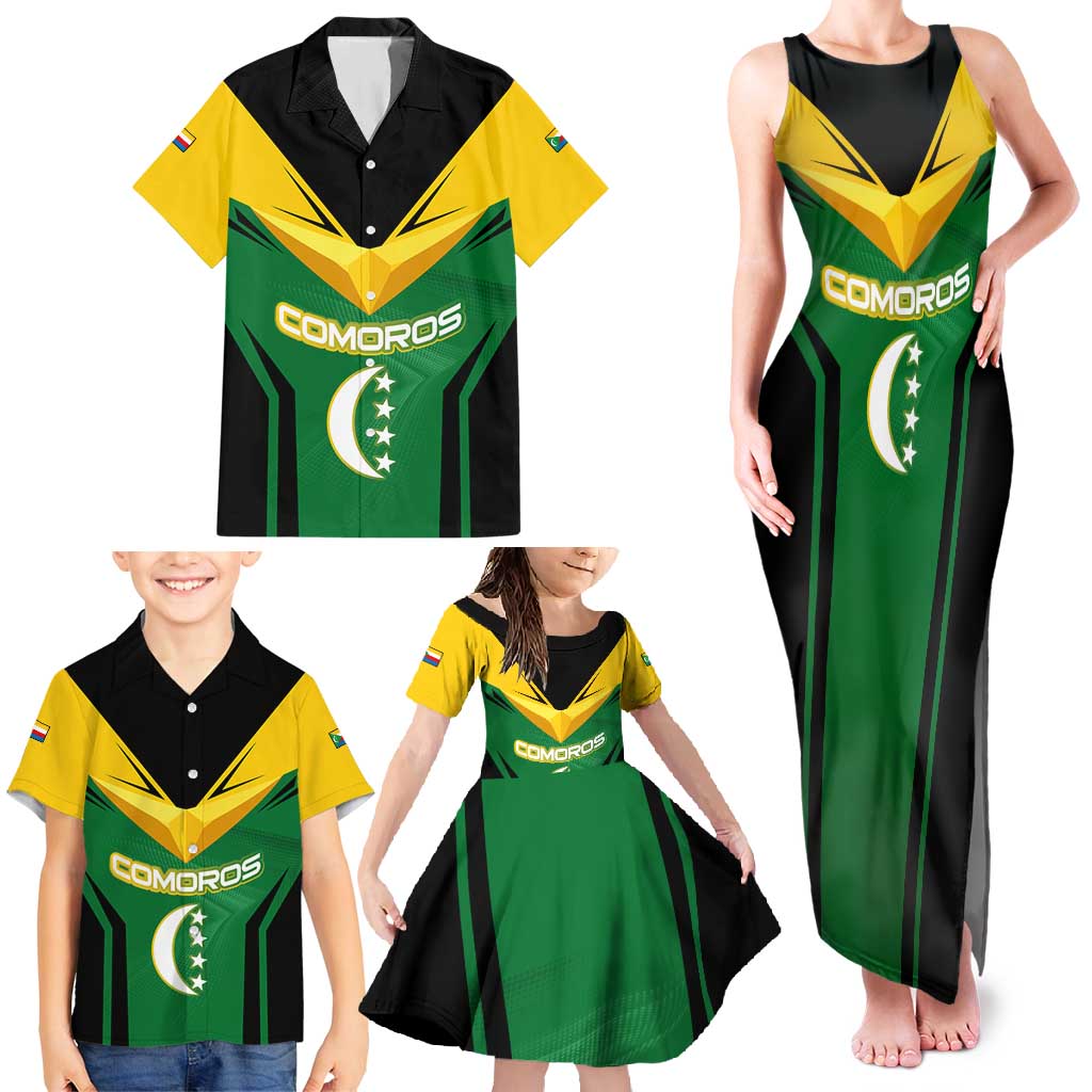 Comoros Family Matching Tank Maxi Dress and Hawaiian Shirt with National Colors Green Yellow Black Crescent Moon and Stars Emblem