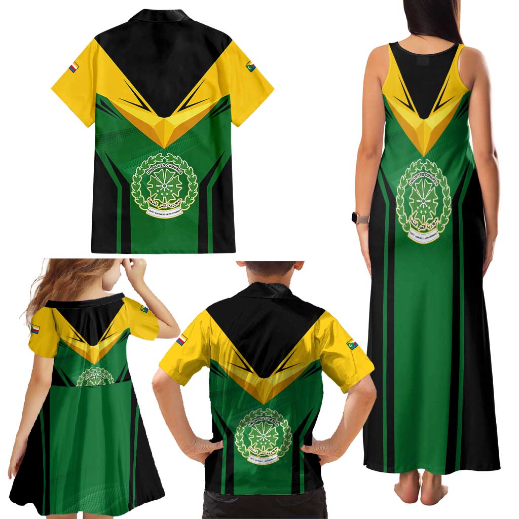 Comoros Family Matching Tank Maxi Dress and Hawaiian Shirt with National Colors Green Yellow Black Crescent Moon and Stars Emblem