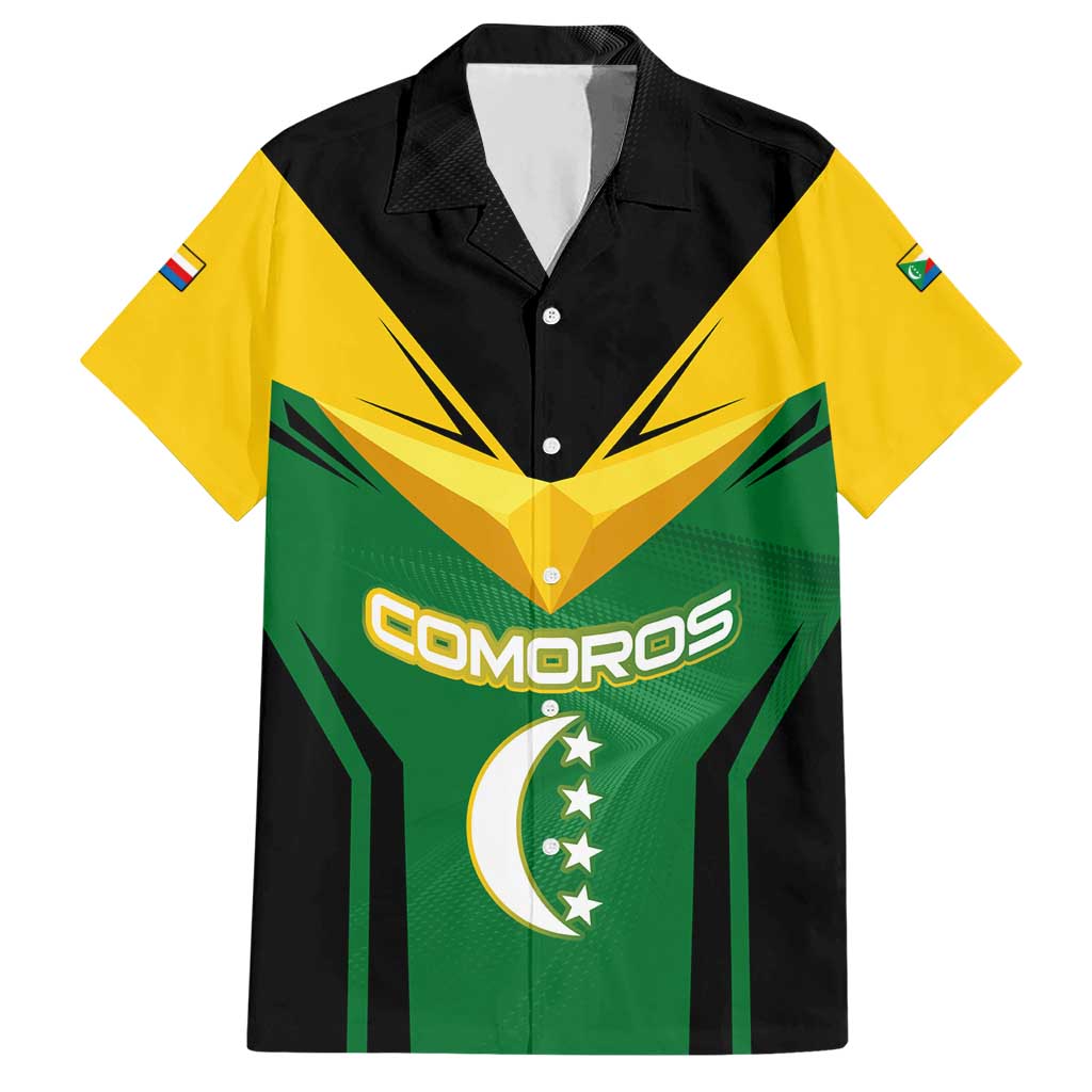 Comoros Hawaiian Shirt with National Colors Green Yellow Black Crescent Moon and Stars Emblem