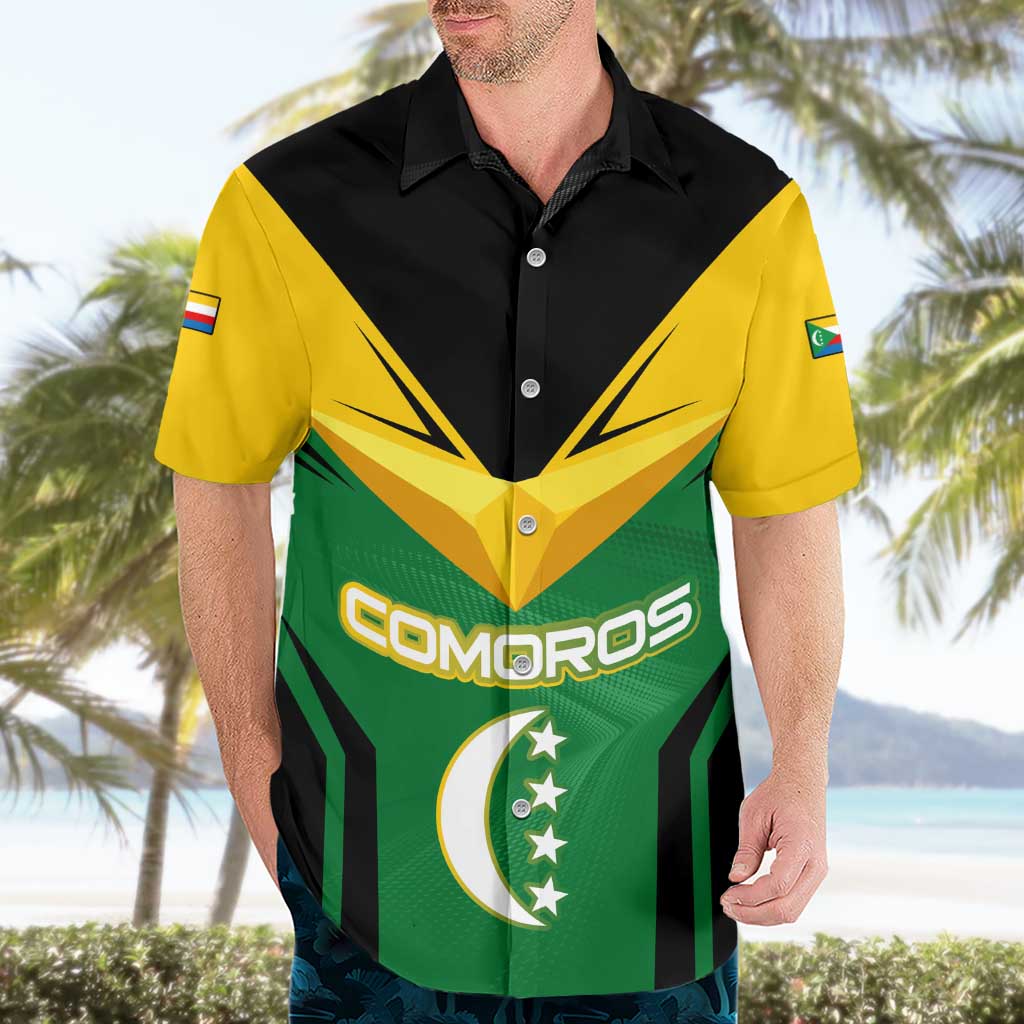 Comoros Hawaiian Shirt with National Colors Green Yellow Black Crescent Moon and Stars Emblem