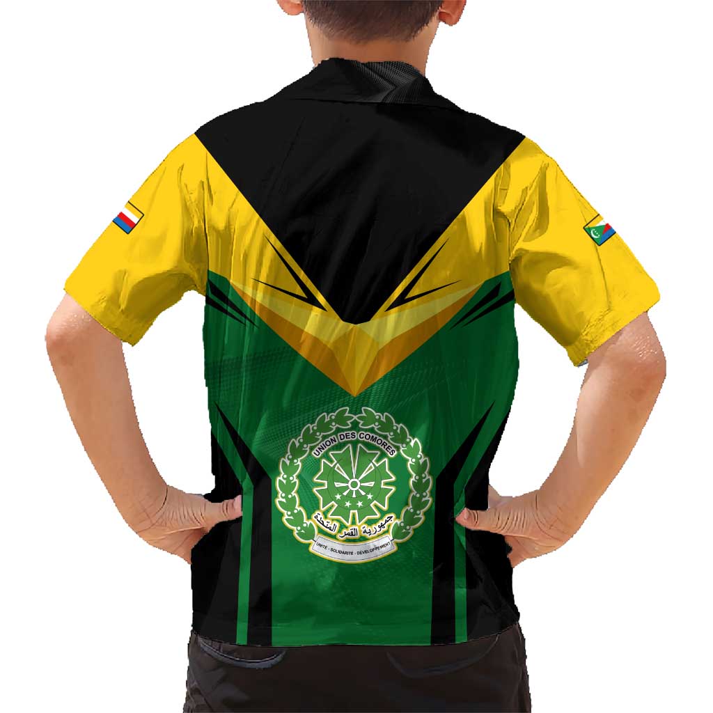 Comoros Hawaiian Shirt with National Colors Green Yellow Black Crescent Moon and Stars Emblem