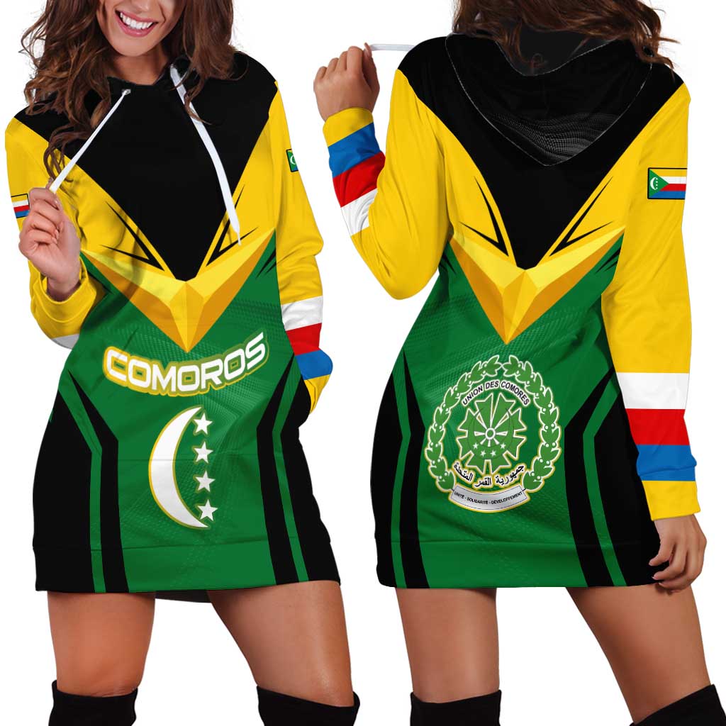Comoros Hoodie Dress with National Colors Green Yellow Black Crescent Moon and Stars Emblem
