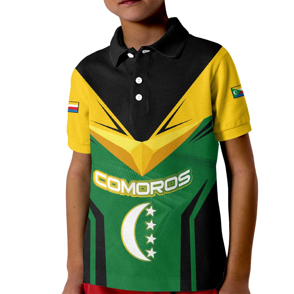 Comoros Kid Polo Shirt with National Colors Green Yellow Black Crescent Moon and Stars Emblem