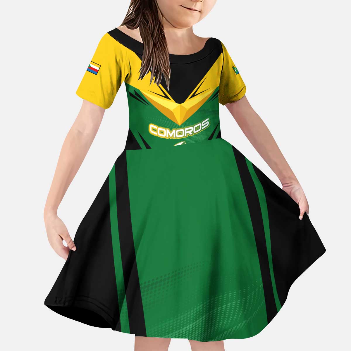Comoros Kid Short Sleeve Dress with National Colors Green Yellow Black Crescent Moon and Stars Emblem