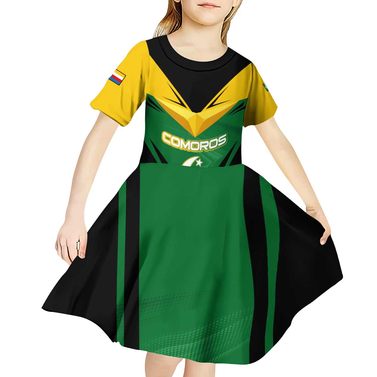 Comoros Kid Short Sleeve Dress with National Colors Green Yellow Black Crescent Moon and Stars Emblem