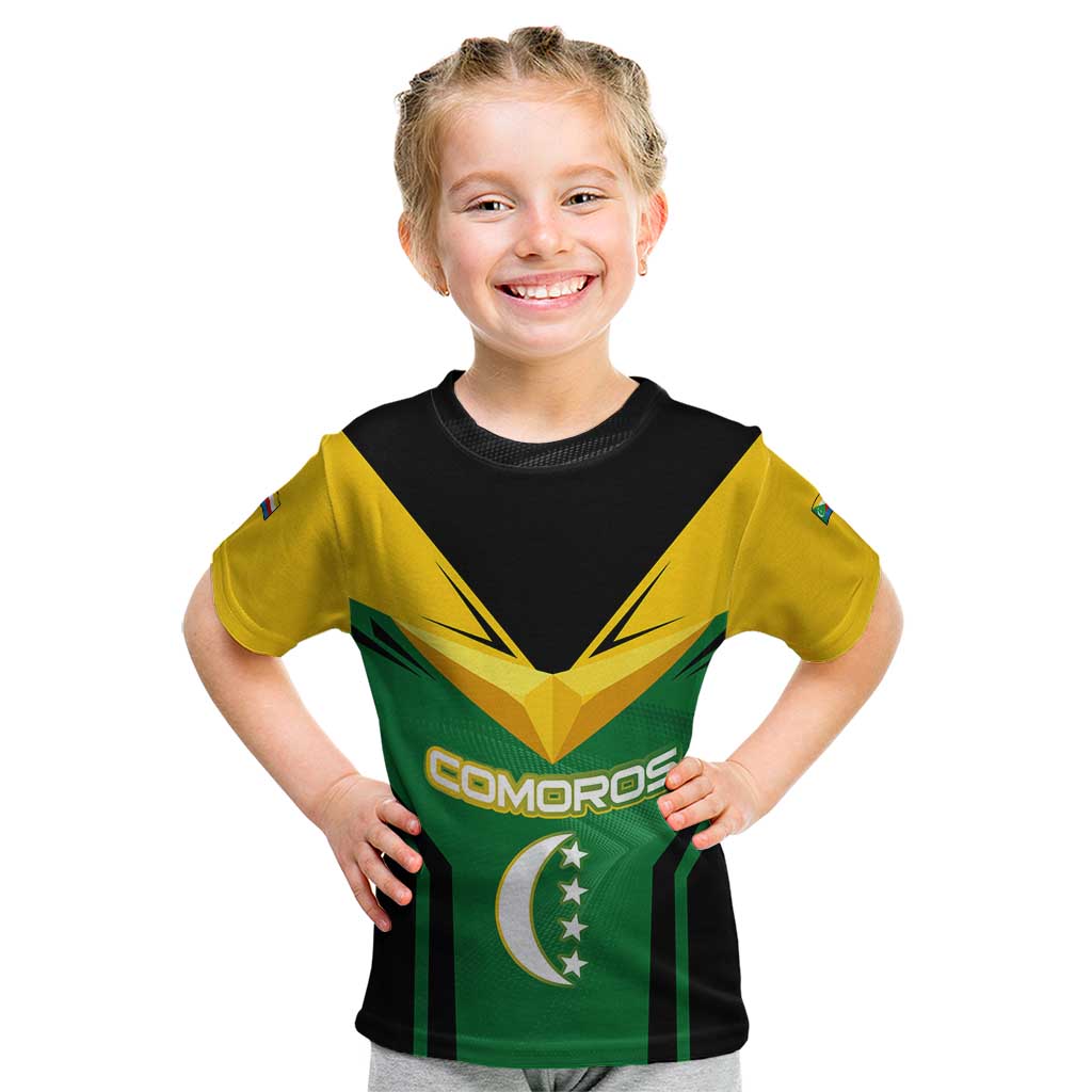 Comoros Kid T Shirt with National Colors Green Yellow Black Crescent Moon and Stars Emblem