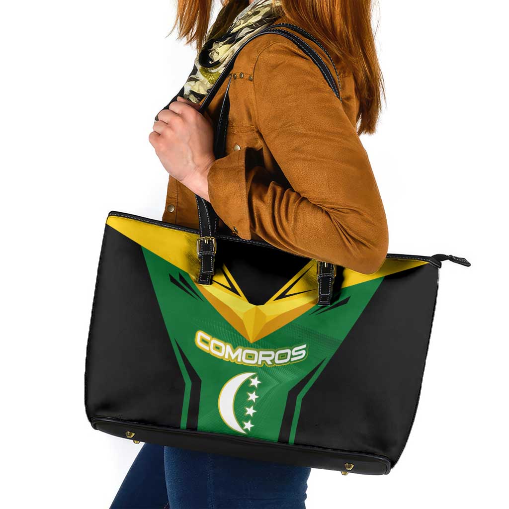Comoros Leather Tote Bag with National Colors Green Yellow Black Crescent Moon and Stars Emblem