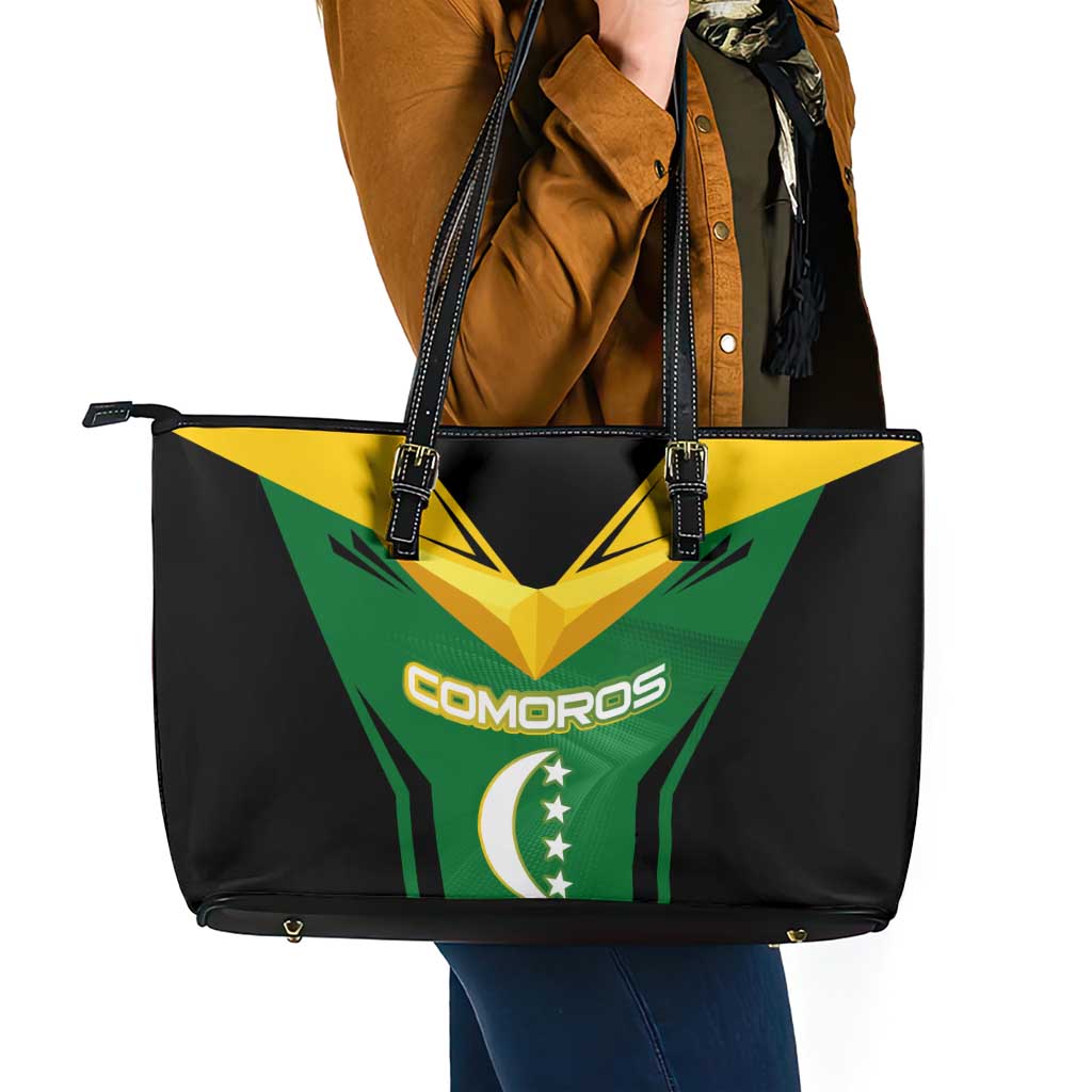 Comoros Leather Tote Bag with National Colors Green Yellow Black Crescent Moon and Stars Emblem