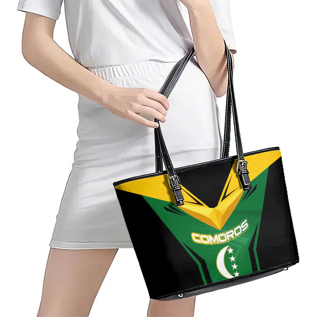 Comoros Leather Tote Bag with National Colors Green Yellow Black Crescent Moon and Stars Emblem