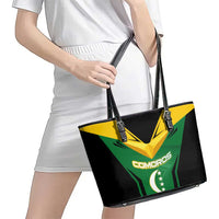 Comoros Leather Tote Bag with National Colors Green Yellow Black Crescent Moon and Stars Emblem