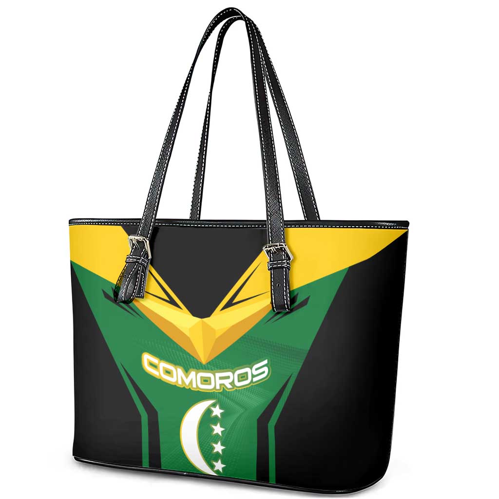 Comoros Leather Tote Bag with National Colors Green Yellow Black Crescent Moon and Stars Emblem