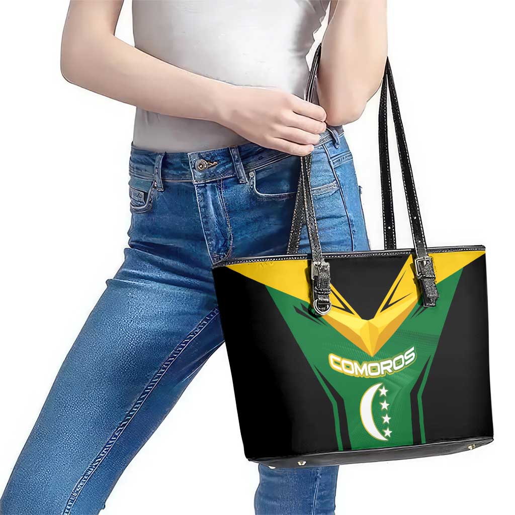 Comoros Leather Tote Bag with National Colors Green Yellow Black Crescent Moon and Stars Emblem