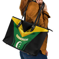 Comoros Leather Tote Bag with National Colors Green Yellow Black Crescent Moon and Stars Emblem
