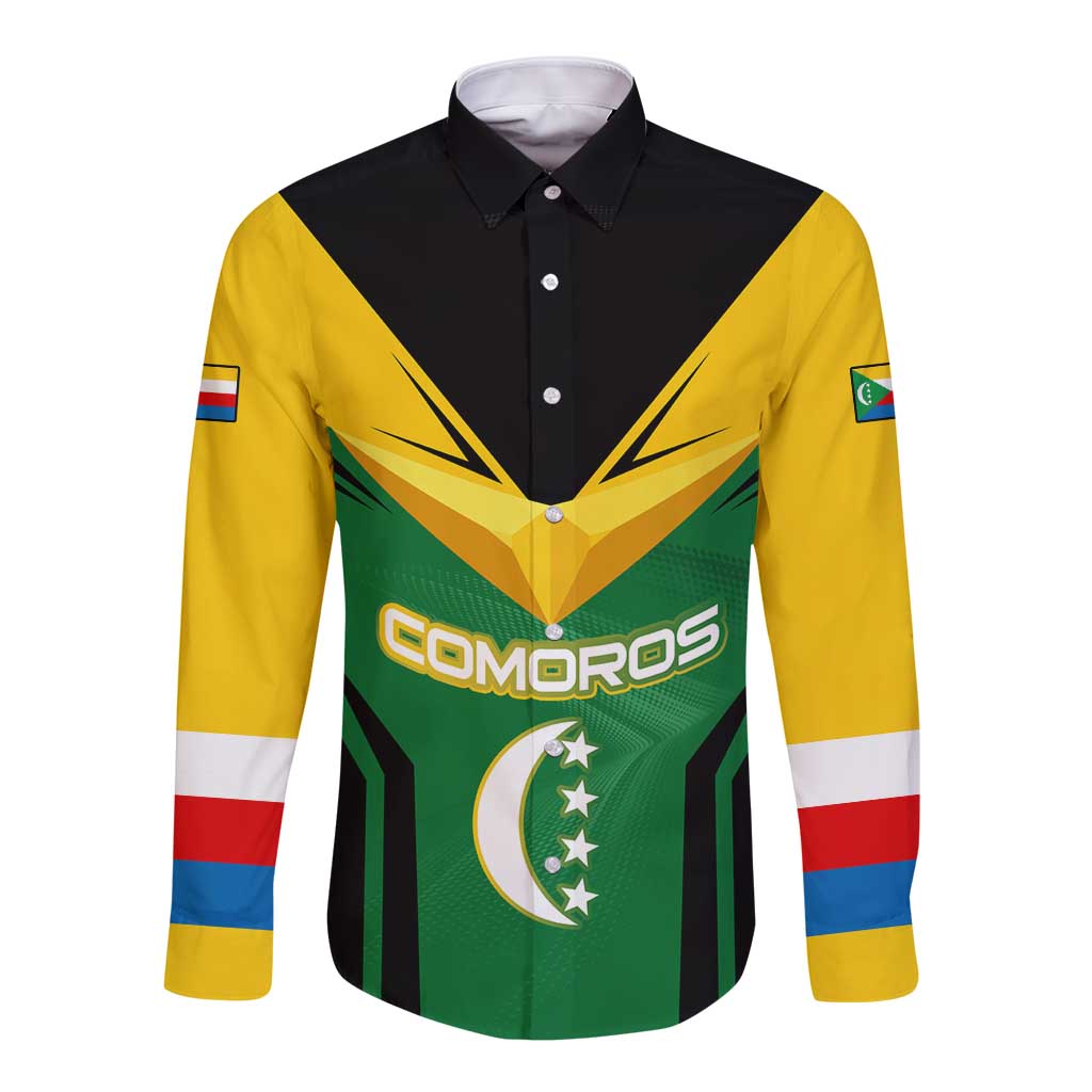 Comoros Long Sleeve Button Shirt with National Colors Green Yellow Black Crescent Moon and Stars Emblem