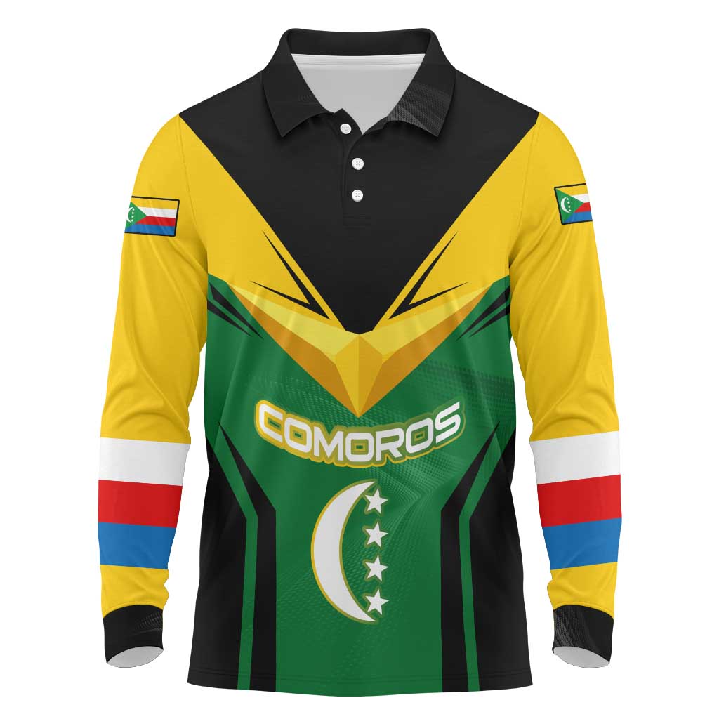 Comoros Long Sleeve Polo Shirt with National Colors Green Yellow Black Crescent Moon and Stars Emblem
