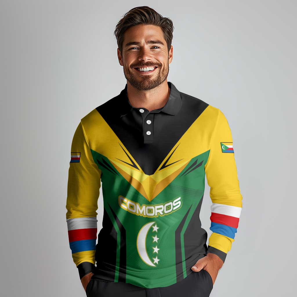 Comoros Long Sleeve Polo Shirt with National Colors Green Yellow Black Crescent Moon and Stars Emblem