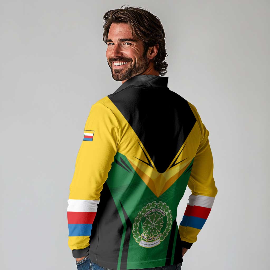 Comoros Long Sleeve Polo Shirt with National Colors Green Yellow Black Crescent Moon and Stars Emblem
