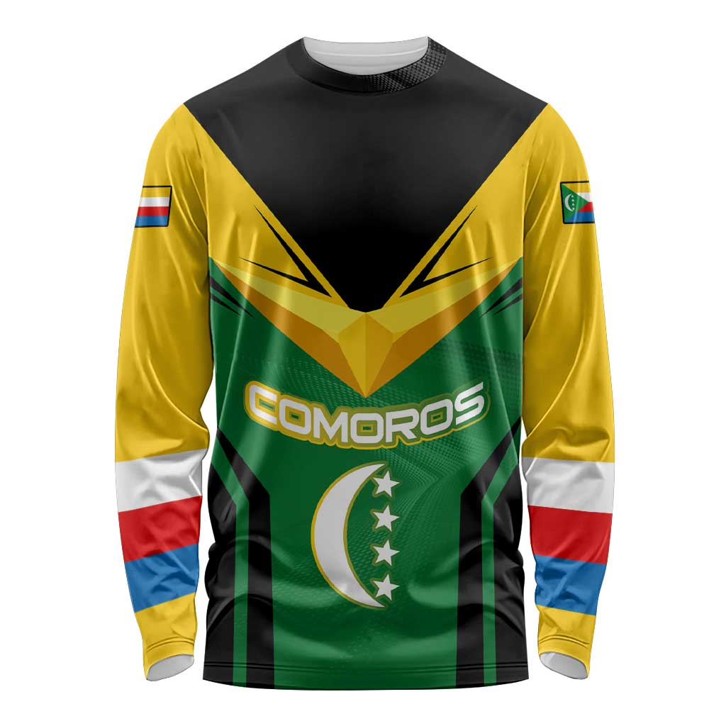 Comoros Long Sleeve Shirt with National Colors Green Yellow Black Crescent Moon and Stars Emblem