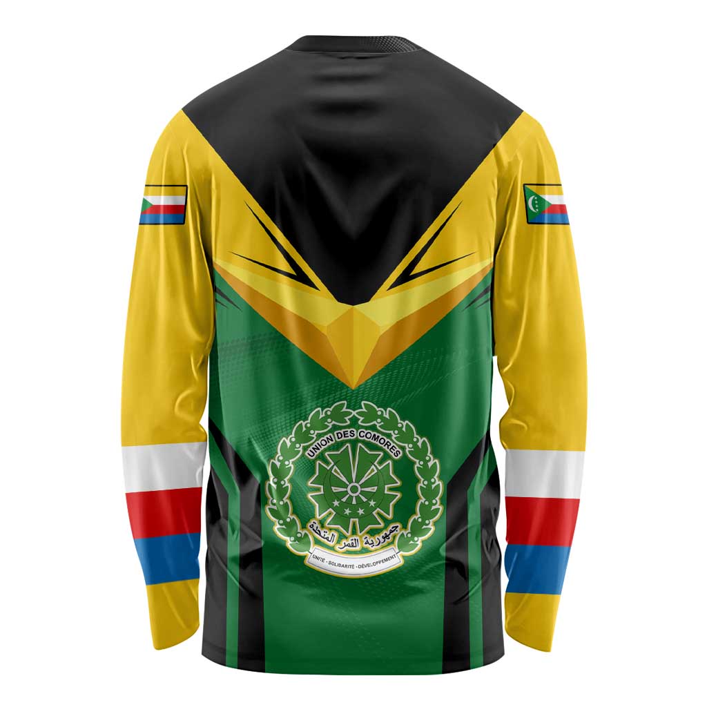 Comoros Long Sleeve Shirt with National Colors Green Yellow Black Crescent Moon and Stars Emblem