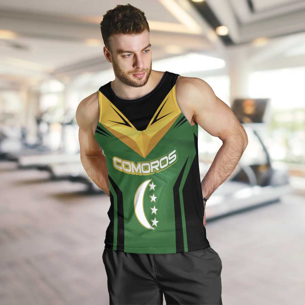Comoros Men Tank Top with National Colors Green Yellow Black Crescent Moon and Stars Emblem