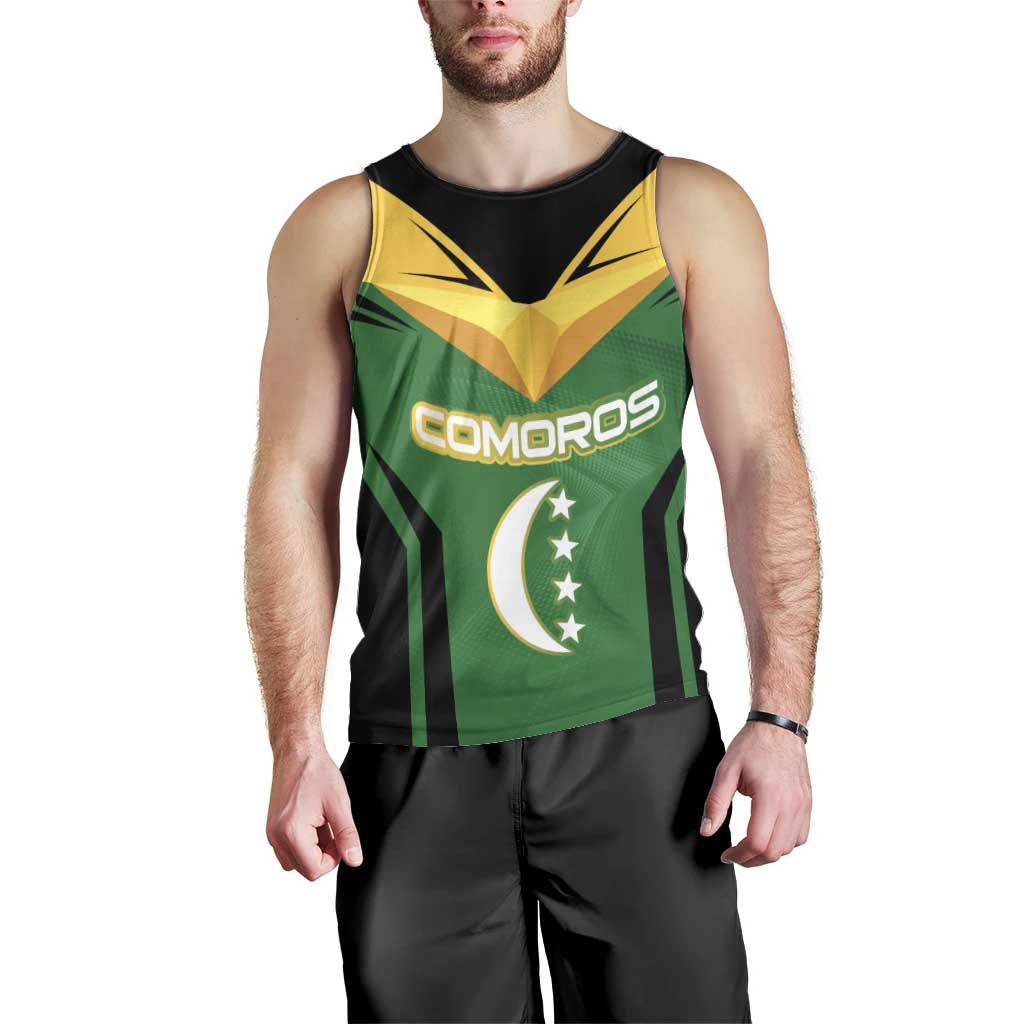 Comoros Men Tank Top with National Colors Green Yellow Black Crescent Moon and Stars Emblem