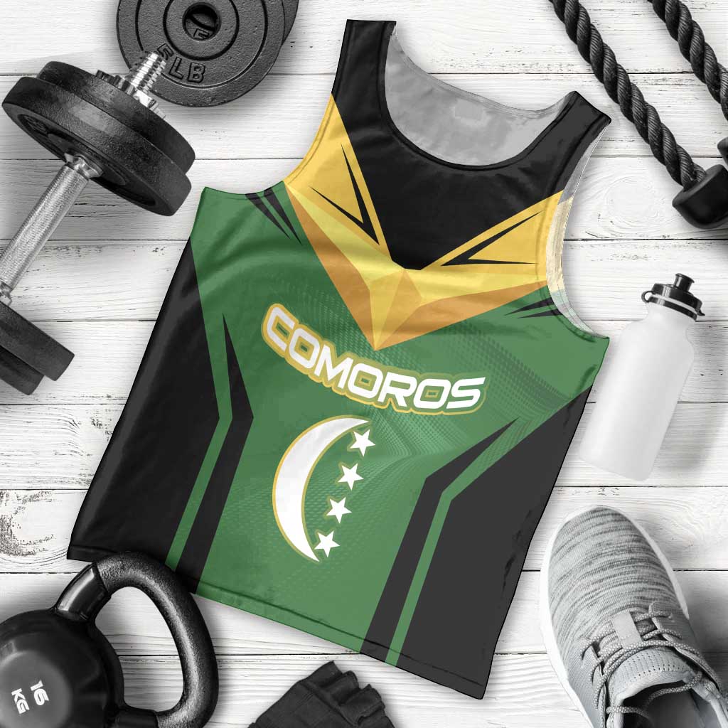 Comoros Men Tank Top with National Colors Green Yellow Black Crescent Moon and Stars Emblem