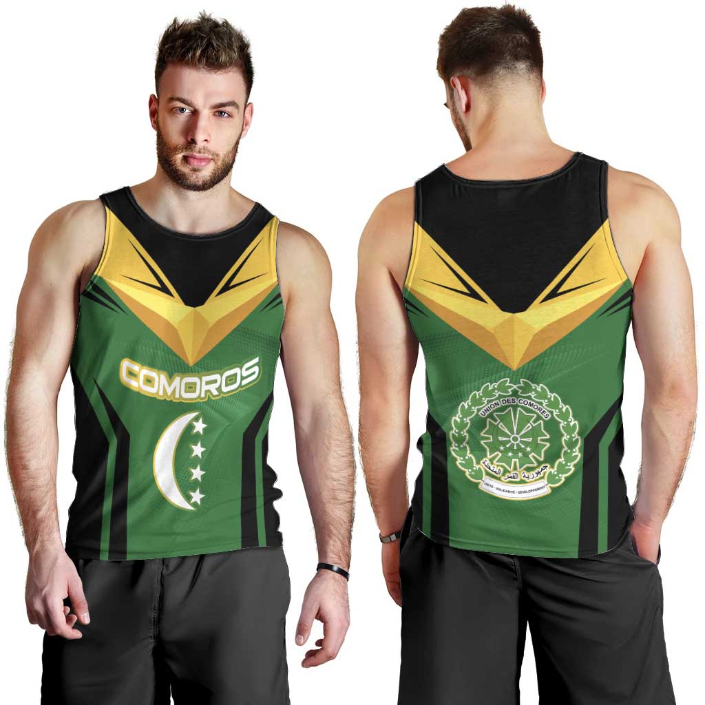 Comoros Men Tank Top with National Colors Green Yellow Black Crescent Moon and Stars Emblem