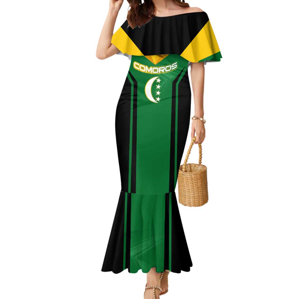 Comoros Mermaid Dress with National Colors Green Yellow Black Crescent Moon and Stars Emblem