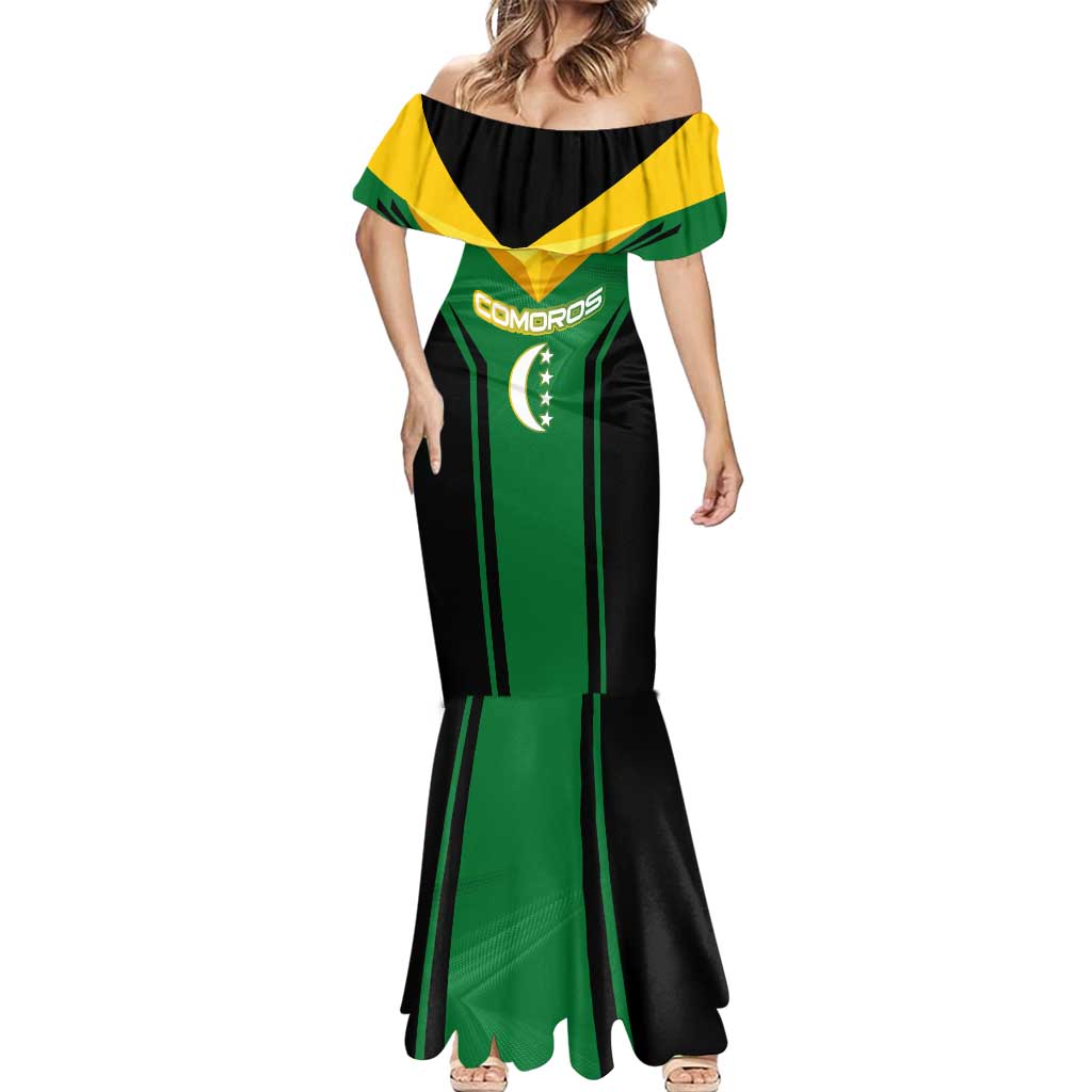Comoros Mermaid Dress with National Colors Green Yellow Black Crescent Moon and Stars Emblem