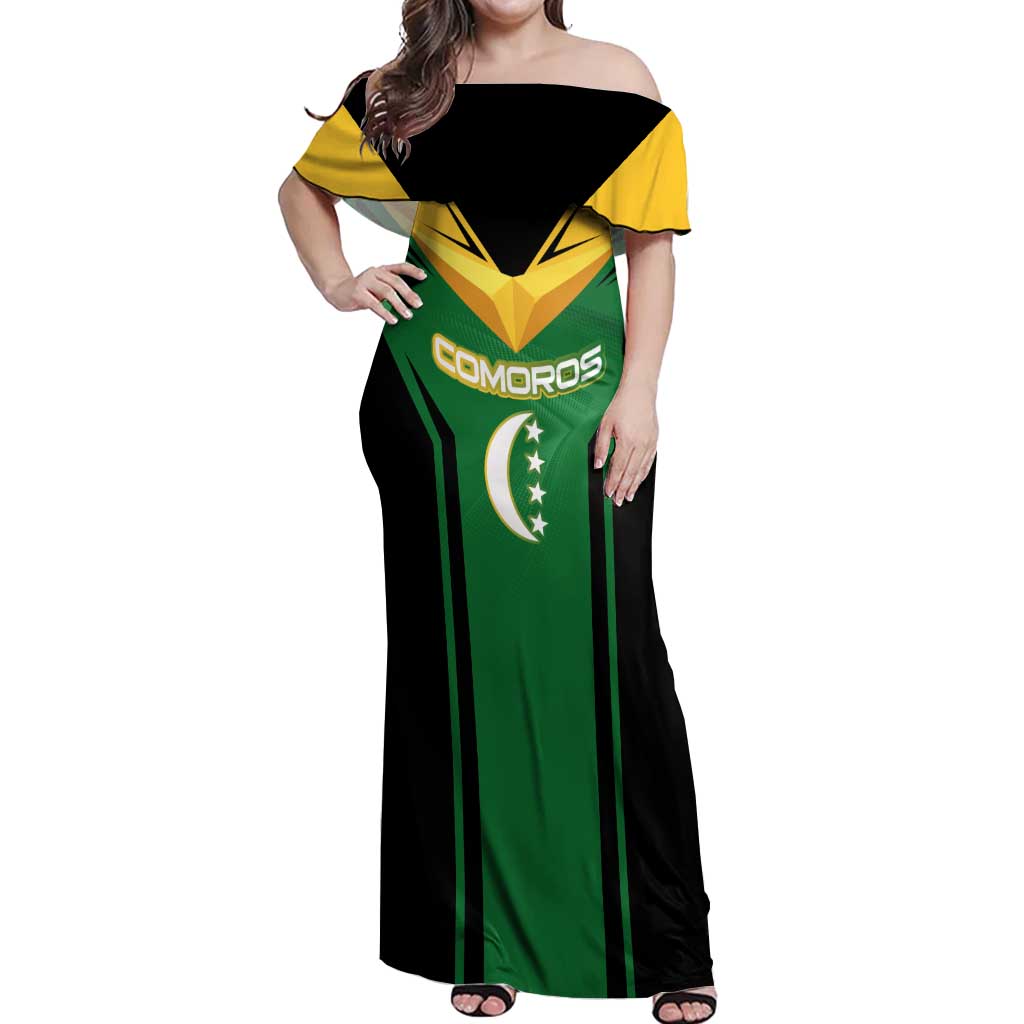 Comoros Off Shoulder Maxi Dress with National Colors Green Yellow Black Crescent Moon and Stars Emblem