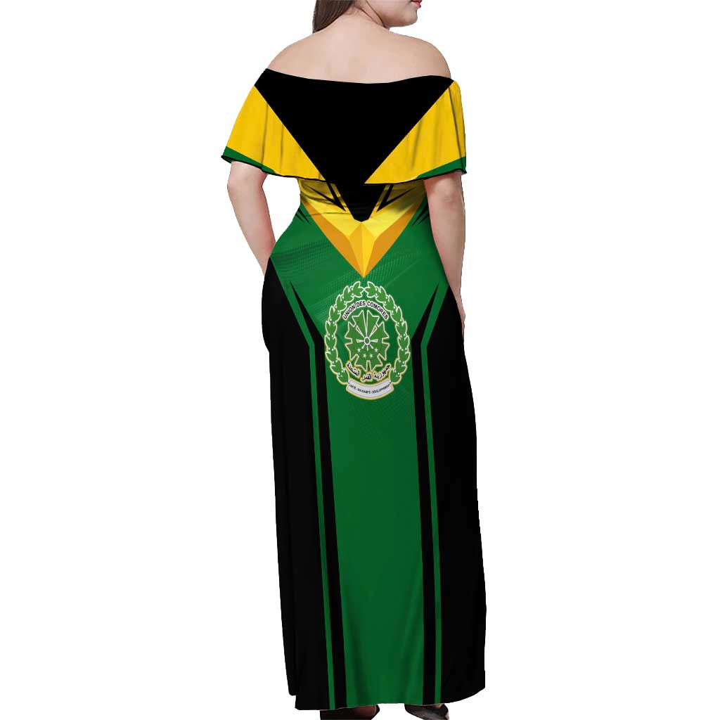 Comoros Off Shoulder Maxi Dress with National Colors Green Yellow Black Crescent Moon and Stars Emblem
